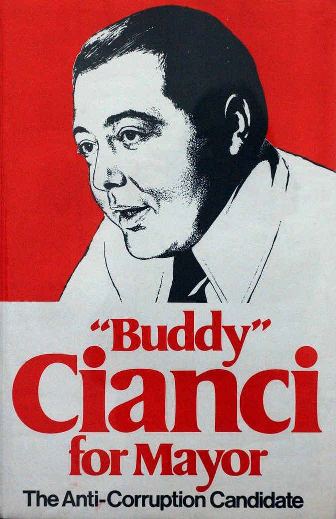 A poster from Cianci's 1974 campaign for mayer declaring him to be the 'Anti-Corruption Candidate'