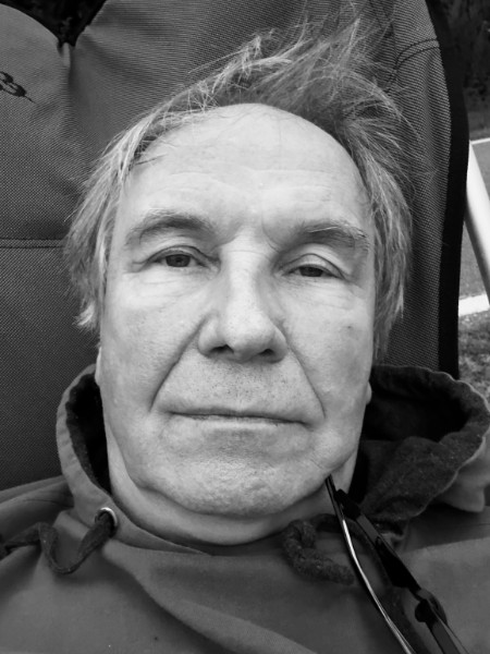 A black and white photograph of Saulius Sruogis.